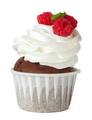 Tasty cupcake with cream top isolated on white background