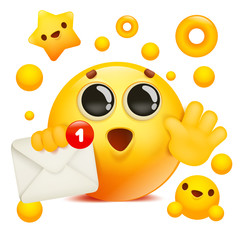 yellow emoji 3d smile face cartoon character holding envelope. New message emoticon card.
