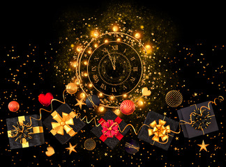 Christmas shiny black background, New Year, black box, clock,gold bow, flying confetti, sclock, parkles, tinsel, balls, heart, toys, ball, serpentine, garland illumination, 3D rendering,