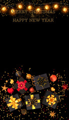 Christmas shiny black background, New Year, black box, gold bow, flying confetti, sclock, parkles, tinsel, balls, heart, toys, ball, serpentine, garland illumination, 3D rendering,