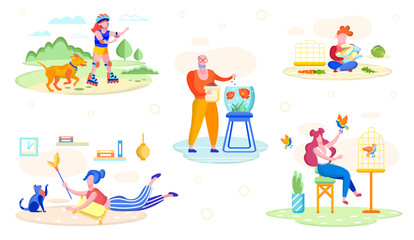 People Playing with Pets Flat Vector Concept
