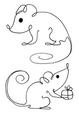 Funny Christmas mouse. outline drawing.Vector outline hand drawn illustration. Outline drawing new year set on white background.