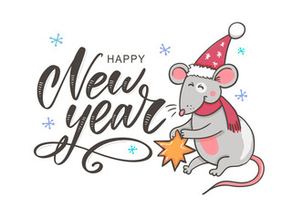 Fototapeta na wymiar Template image Happy new year party with rat, white background new year 2020. Funny sketch mouse Vector illustration.