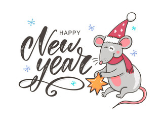 Template image Happy new year party with rat, white background new year 2020. Funny sketch mouse Vector illustration.