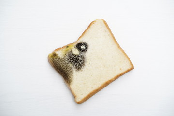 Moldy bread on wooden white background.