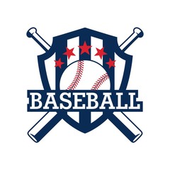 Color illustration of a shield, bat, baseball and text. Vector illustration on a sports theme. Baseball club emblem