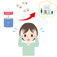 税率UPの増税に頭を抱える女性のイラスト。