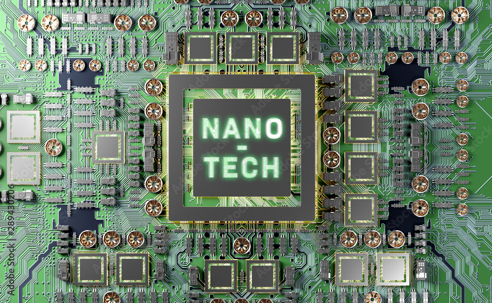 Aufkleber close-up view on a nanotechnology electronic system 3d rendering