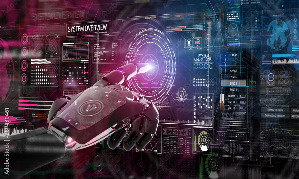 Poster red robot hacking a system with digital screens 3d rendering