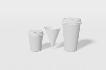 Set of three white paper mockup cups of different sizes - large, small and cone shaped on a white background. 3D rendering
