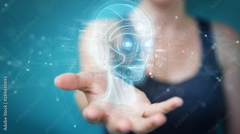 Poster woman using digital artificial intelligence head interface 3d rendering