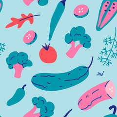hand drawn bright neon color vegetable vector illustrations made as seamless tile pattern. Endless background with broccoli, cucumber, repeat ornament for kitchen textile print or wrapping paper.