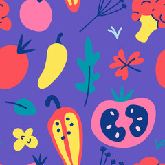 hand drawn bright neon color vegetable vector illustrations made as seamless tile pattern. Endless background with pepper veggies, repeat ornament for kitchen textile print or wrapping paper.