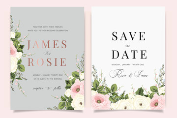 Luxury Wedding Invitation set, invite thank you, rsvp modern card Design in Golden and pink rose with leaf greenery branches decorative Vector elegant rustic template