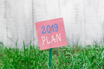 Writing note showing 2019 Plan. Business concept for setting up your goals and plans for the current year or in 2019 Plain paper attached to stick and placed in the grassy land