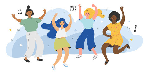 Fototapeta premium Young cute happy dancing girls characters, female crowd of dancers to music isolated. Smiling young women enjoying dance party. Vector illustration in modern trendy flat cartoon style.