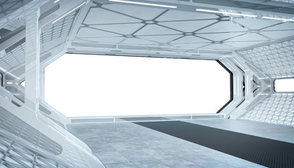 White blue spaceship futuristic interior mockup with window view 3d rendering