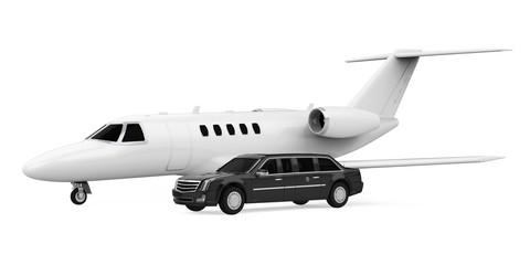 Obraz na płótnie Canvas Luxury Limousine Car and Private Jet Isolated