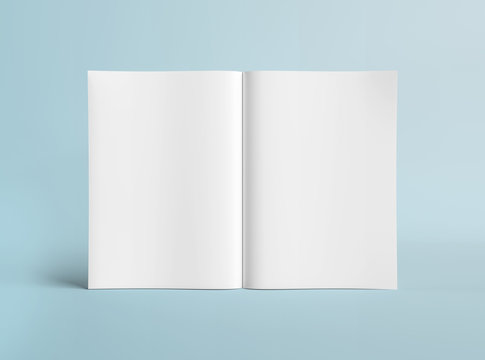 Blank A4 Standing Magazine Mockup Isolated On Blue Background 3D Rendering