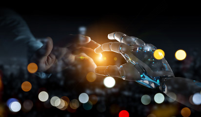 Robot hand making contact with human hand on dark background 3D rendering