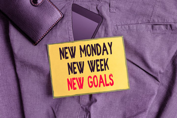 Conceptual hand writing showing New Monday New Week New Goals. Concept meaning showcasing next week resolutions To do list Smartphone device inside trousers front pocket with wallet