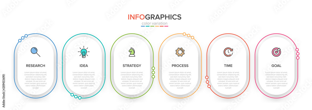 Poster concept of arrow business model with 6 successive steps. five colorful rectangular elements. timelin