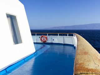 Ship ferry deck with  no people while sailing at Aegean sea , Greece.