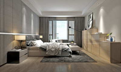 3d render. Modern hotel bedroom interior.
