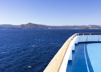 Obraz na płótnie Canvas Ship ferry deck with no people while sailing at Aegean sea , Greece.