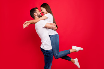 Profile side view portrait of his he her she nice attractive lovely trendy cheerful cheery married...