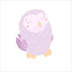 Cute kawaii owl, violet in flat style, children's illustration, cartoon character