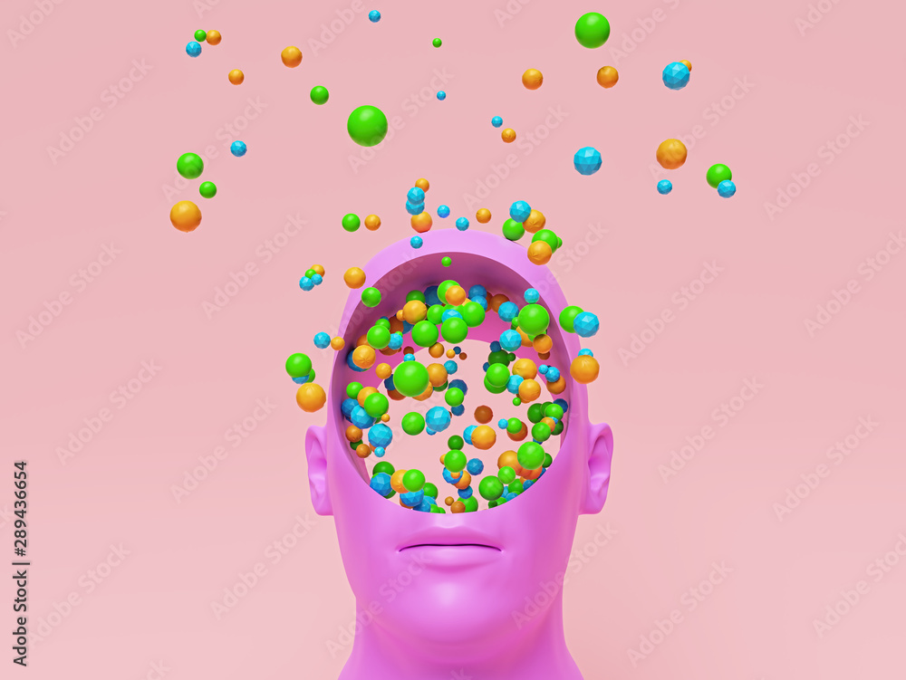 Aufkleber concept art of colorful creative imagination. pink head with a round hole and many multicolored ball