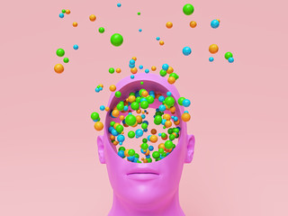 Concept art of colorful creative Imagination. pink head with a round hole and many multicolored balls. 3d rendering