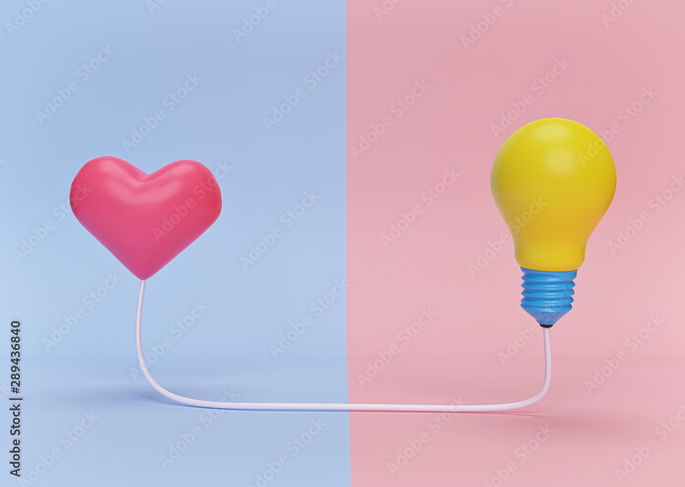 Poster heart and bulb connected with a wire. minimal style. 3d rendering