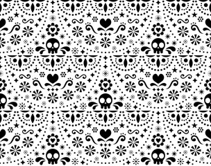 Mexican folk art vector seamless pattern with skulls, Halloween decor, flowers and abstract shapes, black and white textile design