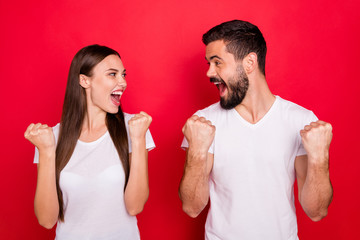 Photo of cheerful charming cute fascinating trendy stylish handsome beautiful couple of two people...