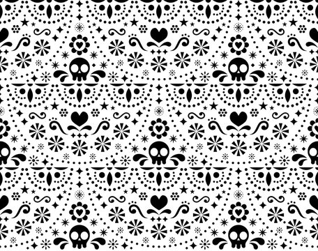 Mexican Folk Art Vector Seamless Pattern With Skulls, Halloween Decor, Flowers And Abstract Shapes, Black And White Textile Design