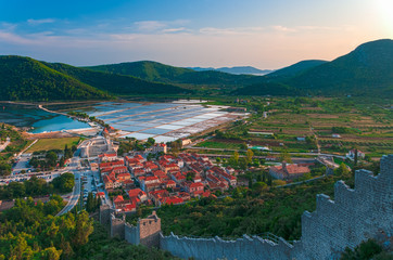 Ston - medieval old croatian town. Sunset.