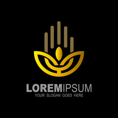 Leaf logo and hand with line design illustration, gold logo 