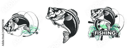 Download Fishing Logo Bass Fish With Rod Club Emblem Fishing Theme Illustration Isolated On White Wall Mural Lioriki