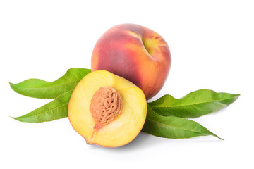 Ripe peaches on white background