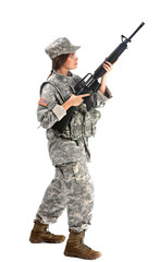 Young female soldier on white background