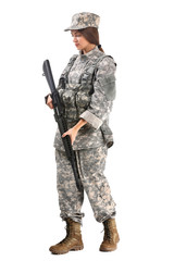 Young female soldier on white background