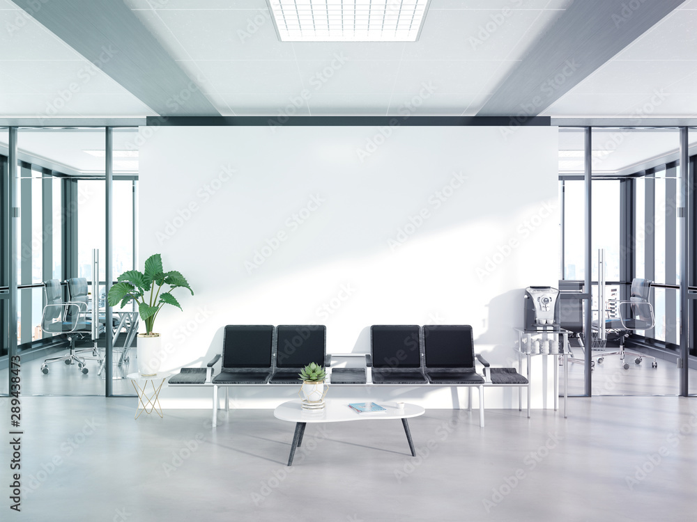 Poster blank white wall in concrete waiting room with large windows mockup 3d rendering