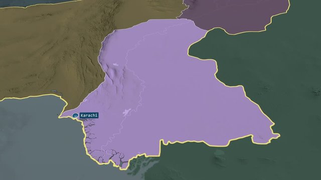 Sind - province of Pakistan with its capital zoomed on the administrative map of the globe. Animation 3D