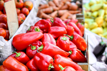 Fresh peppers on counter at market