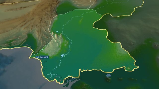 Sind - province of Pakistan with its capital zoomed on the physical map of the globe. Animation 3D