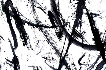  japan black ink style splatter stroke paint brush paint paper texture isolated on white background.