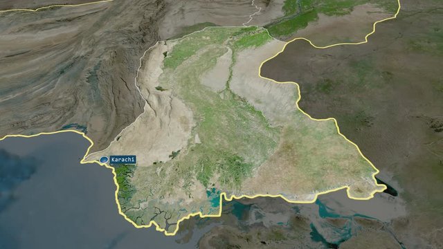 Sind - province of Pakistan with its capital zoomed on the satellite map of the globe. Animation 3D
