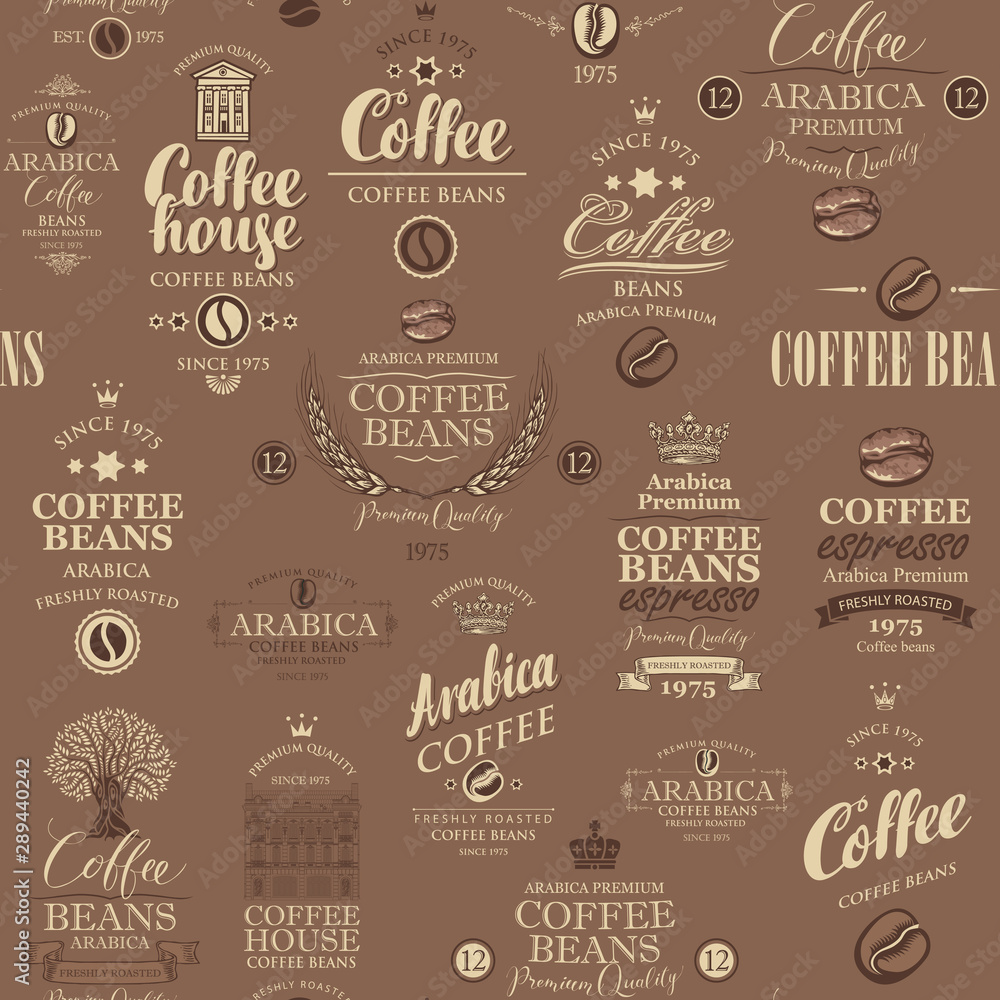 Poster vector seamless pattern on coffee and coffee house theme with various labels in retro style on the b